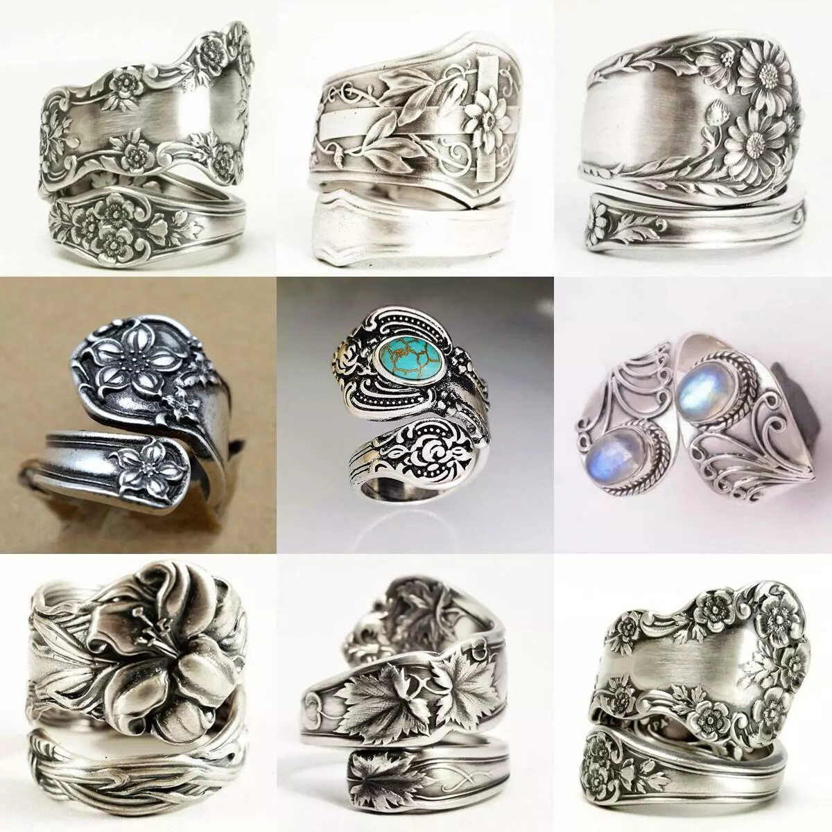 Vintage Jewelry Flower Silver Plated Spoon Rings Women Gift Party Ring Size 6-10