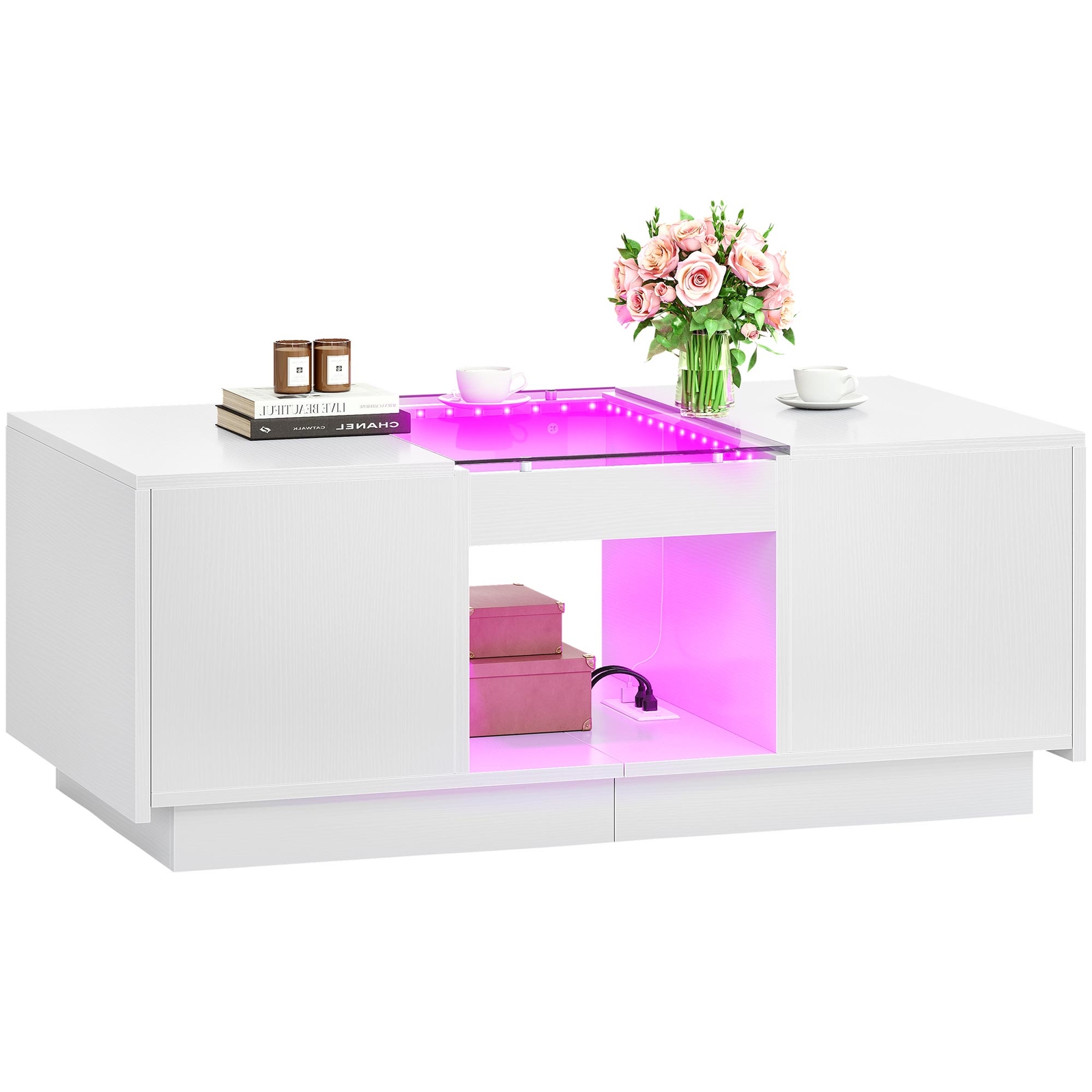 Modern LED Coffee Table with Power Outlets White 2 Drawers Living Room