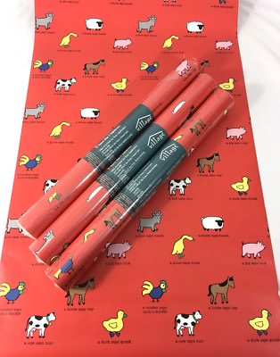 VILLAGE Wallpaper Lot Children's Red Farm Animals Cow Pig Duck Horse 3 Rolls