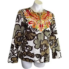 Life Style Zip Up Jacket Blazer L Large Brown Floral Embroidered Lined Cotton