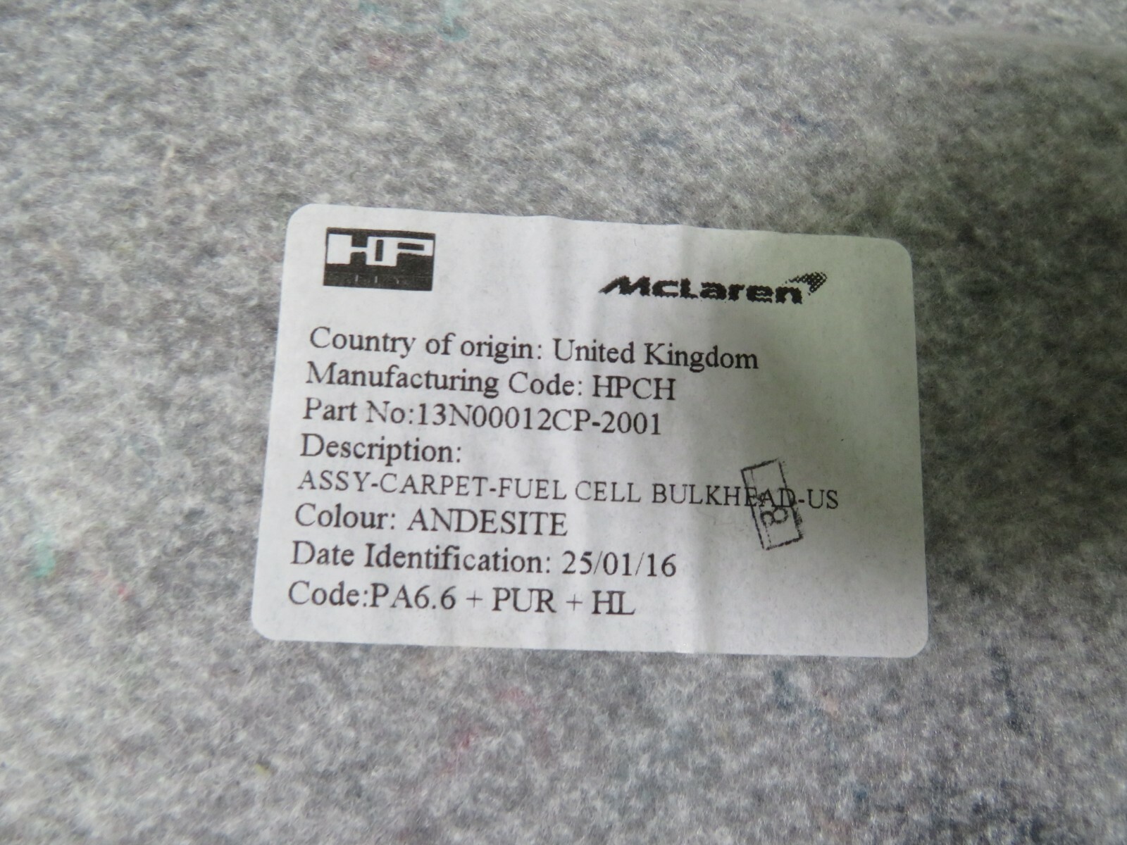Mclaren 570s, Rear Carpet Panel, Used, P/N 13N00012CP
