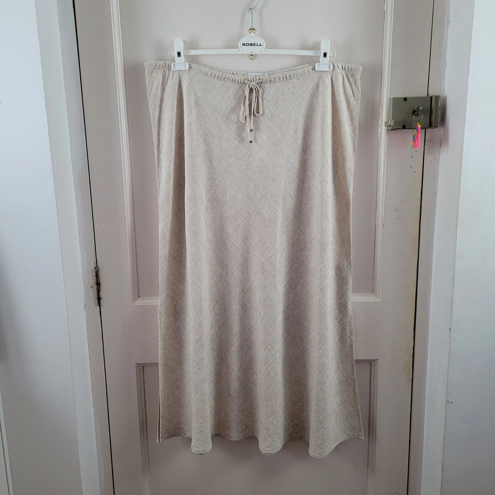 Marks And Spencer Linen Blend Midi Skirt Pull On Size 22 Uk Oatmeal Natural Slit