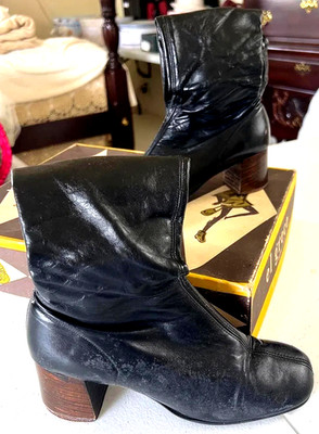 Vintage El Greco Black Leather Go Go Boots Made Italy Chunky Heel Sz 5 Box