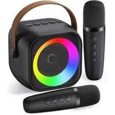 Mini Karaoke Machine, Portable Bluetooth Speaker 2 Mics, Black 2 Mics