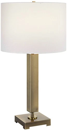 Modern Table Lamp 27" Tall Antique Brass Round White Linen Drum Shade Bedroom - Picture 2 of 8