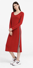Tommy Hilfiger Maxi Dress Size L Red Long Sleeve Black White Stripe Ribbed NEW