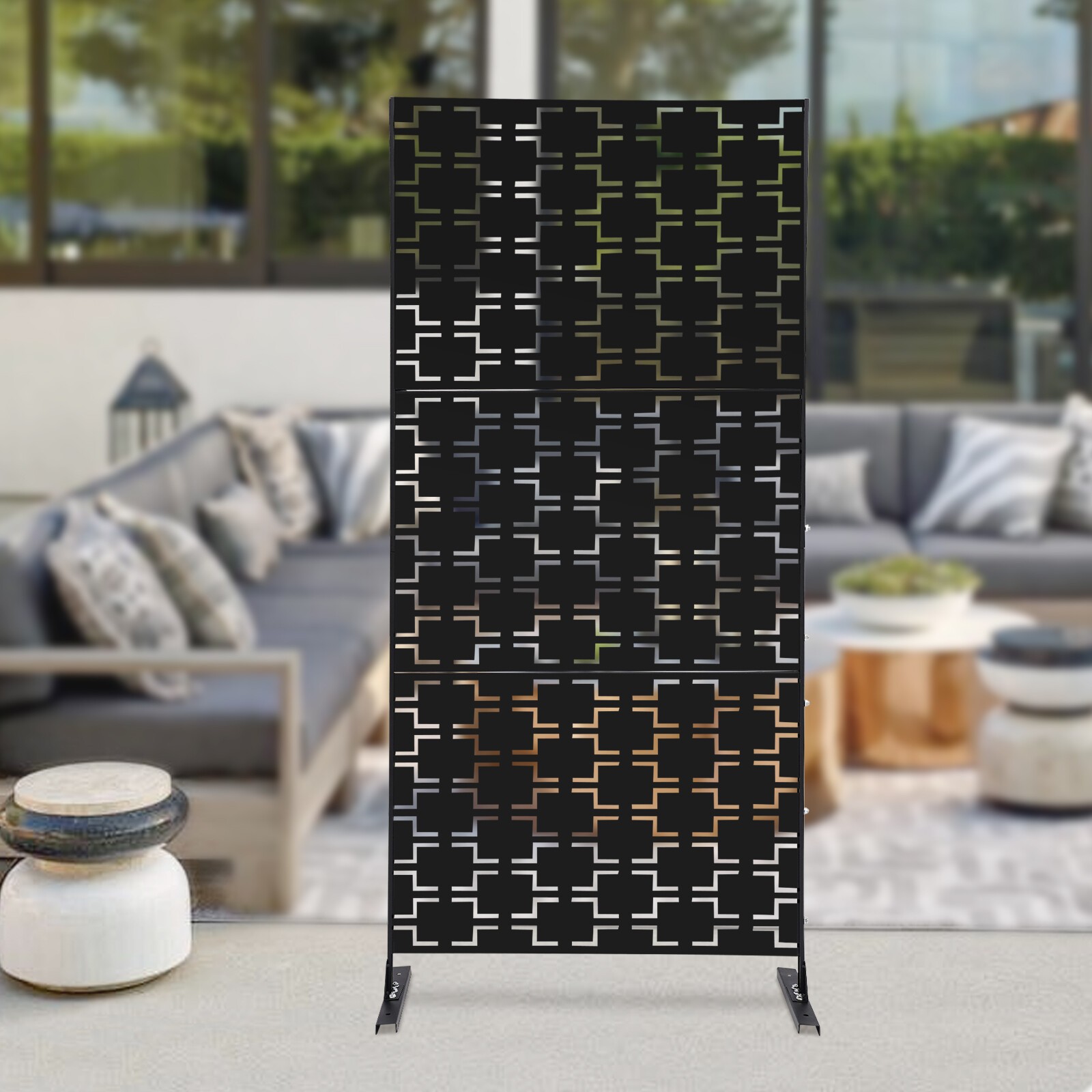 Privacy Screen Metal Freestanding Decorative Fence for Patio Balcony Porch Black