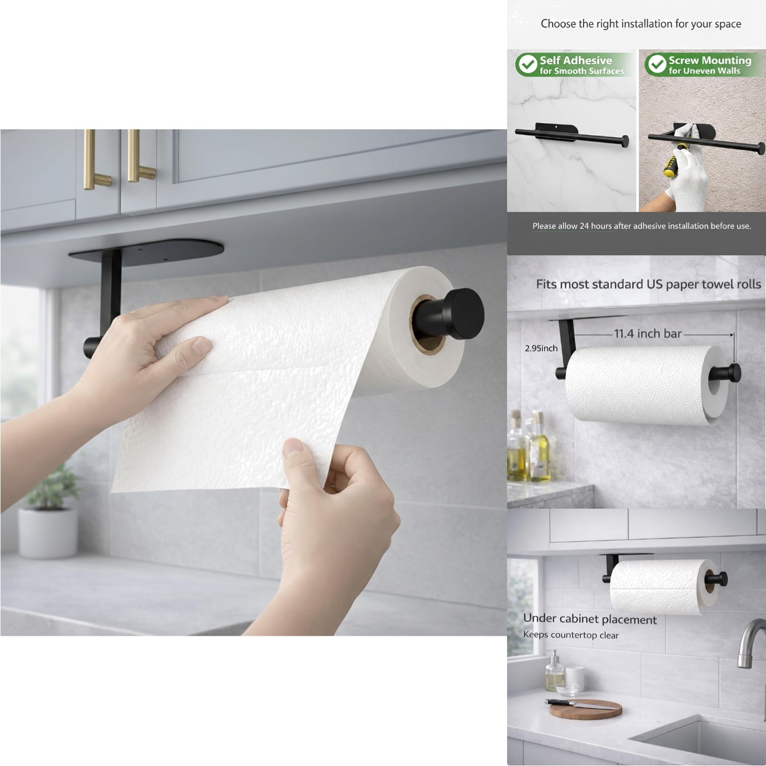 Black Stainless Steel Paper Towel Holder Under Cabinet Wall Mount Self Adhesive