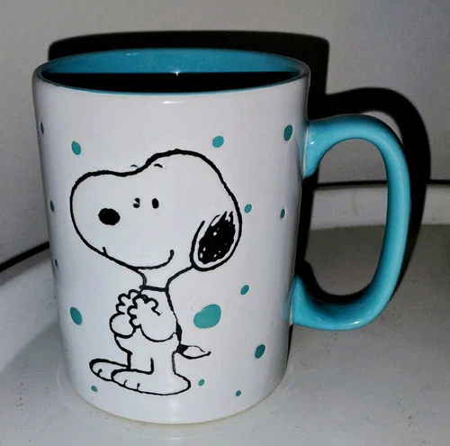 Peanuts Snoopy White with Teal Dots Freckled Ceramic Coffee Mug Cup