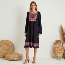 Boho Folk Midi Dress Multi Geometric Print Jersey Shift Long Sleeve Hippie M