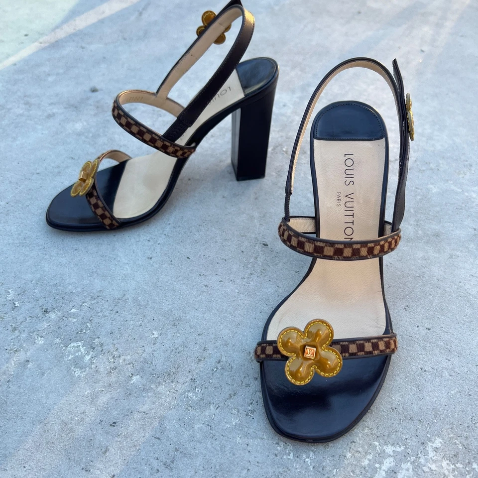 Louis Vuitton | Auténticos Tacones Sandalia Tacón Bloque Patrón Damier Pelo de Poni (36.5) Foto 4 de 4