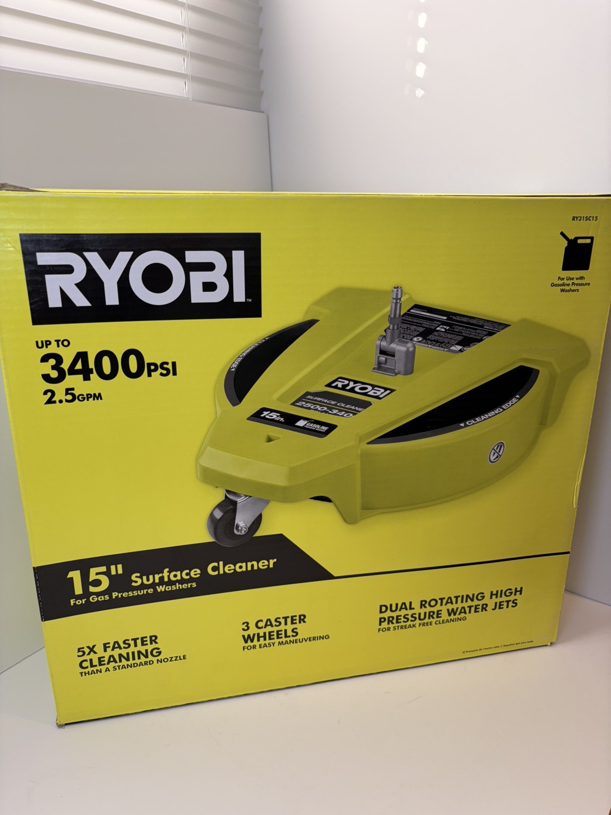 RYOBI 15" 3400 PSI Gas Pressure Washer Surface Cleaner w/Caster Wheels RY31SC15