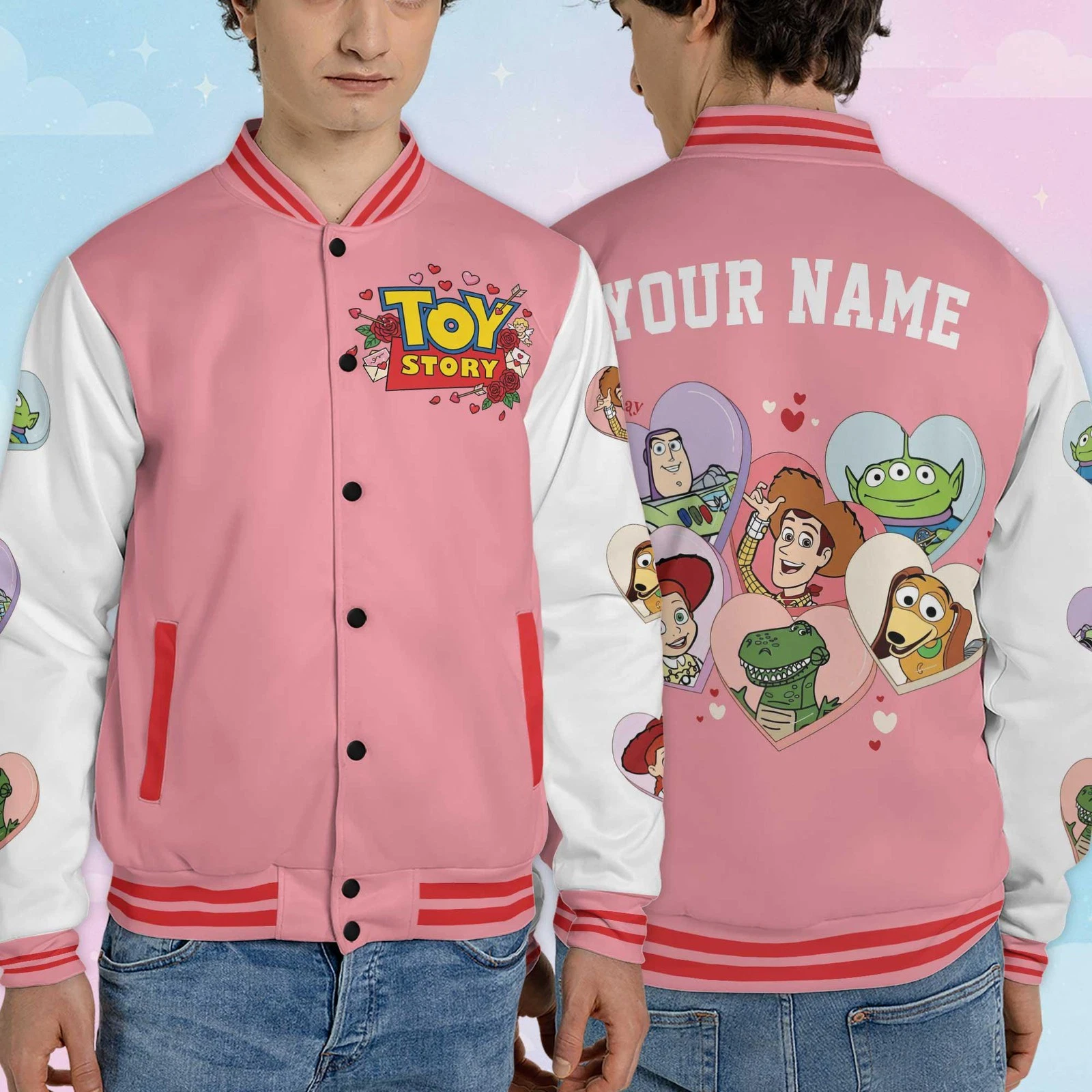 Personalized Toy Story Characters Love Hearts Valentine Gift Baseball Jacket