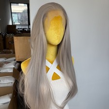 Long Straight Heat Resistant Hair Glue Less Lace Front Wig Silver grey Women