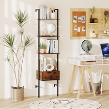 5-Tier Bookshelf with Drawer 70'' Wall Mount Ladder Bookcase with Metal Frame
