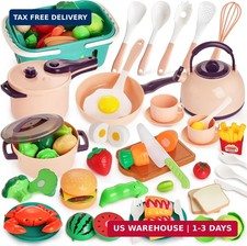 59PCS Play Kitchen Accessories with Basket, Pink Pretend Play Food Set