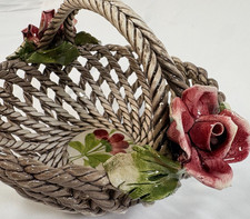 Vintage Capodimonte Italy Porcelain Brown Tone Basket with Pink Roses