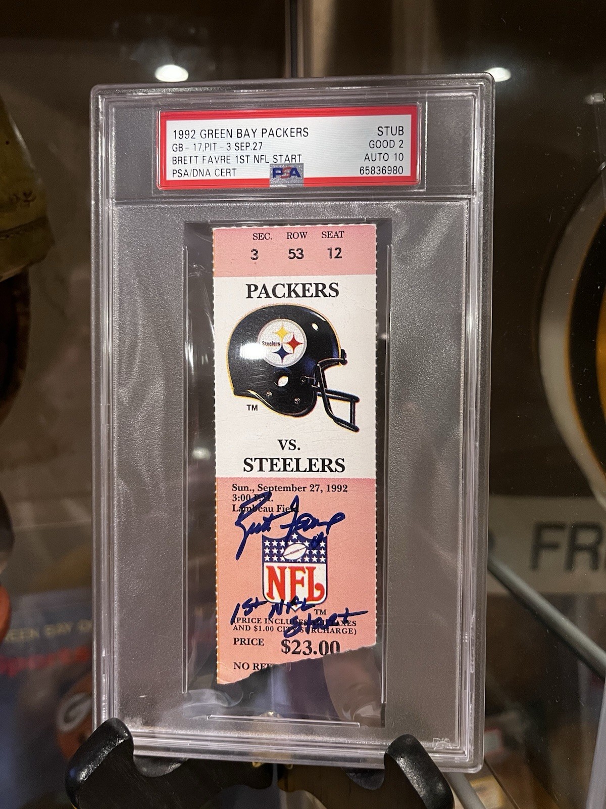 Brett Favre Autographed Signed Green Bay Packers 1992 1st NFL Start Ticket Stub Packers vs Steelers PSA 