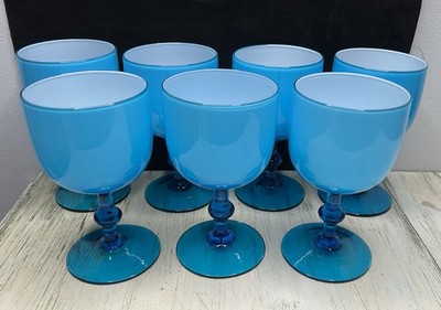 7 VTG MURANO ITALY Carlo Moretti Empoli Azure Blue White Cased Wine Water Goblet