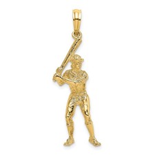 14k Yellow Gold 3-D Baseball Player with Bat Charm Pendant L-1.13 Inch
