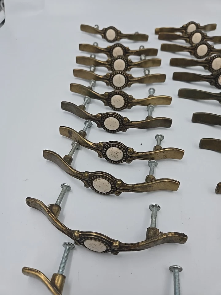Vtg Amerock Lot of 32 Brass & Ceramic Drawer Door Handles 5" Speckles 1960s - Image 3 of 4