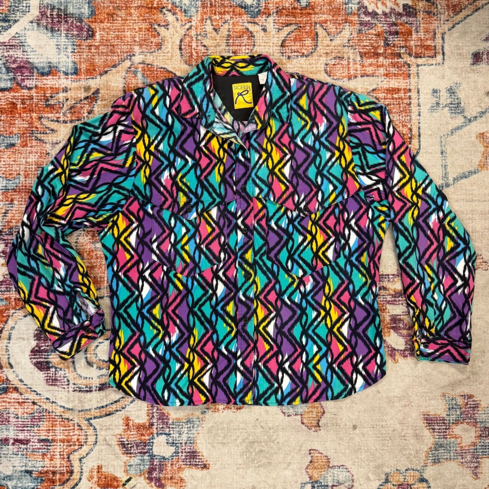 Vintage Roper Western Shirt Geometric Ikat Print Multicolor Button Up Mens L