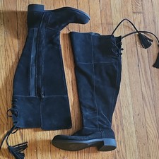 Women Black Suede Over the Knee Boot Tassel Zip Round Toe Rubber Sole Size 10