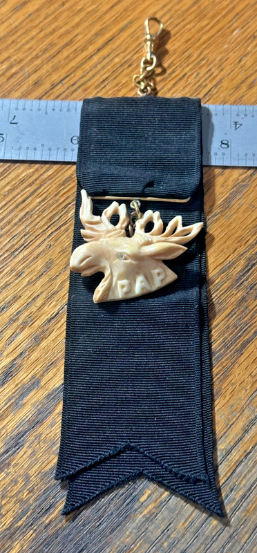 POCKET WATCH FOB CARVED FOB LOYAL ORDER OF MOOSE WITH DIAMOND EYE