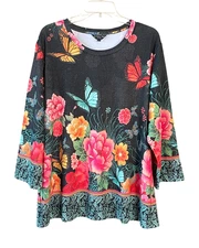 CITRON SANTA MONICA Butterflies In Flight Size 1X Pullover 3/4 Sleeve Tunic Top