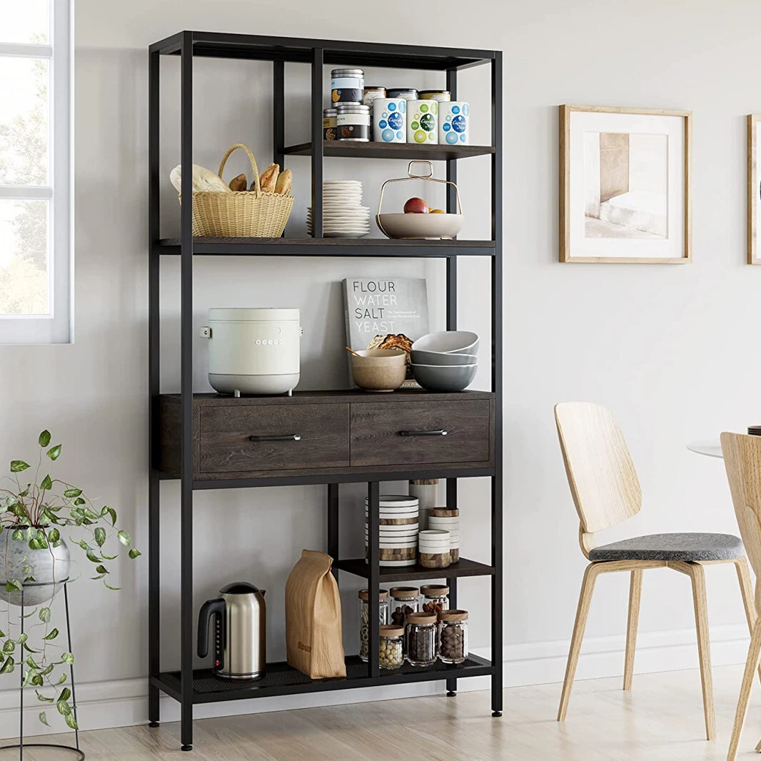 Wood and metal sale bookcase with drawers
