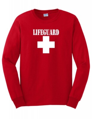 Red LONG SLEEVE LIFEGUARD T-SHIRT Cotton White Symbol Shirt S - 5XL