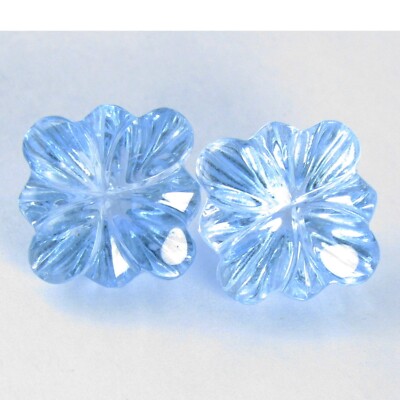 15.07Cts Stunning Natural Baby Blue Topaz 11mm Flower Carving Cut Pair Gemstones