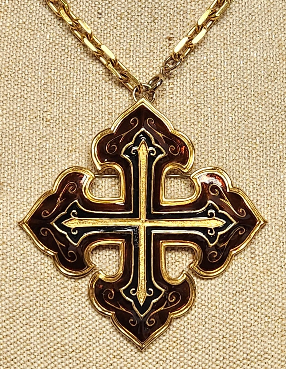 Huge Vintage Jomaz Enamel Maltese Cross Pendant Necklace Brooch