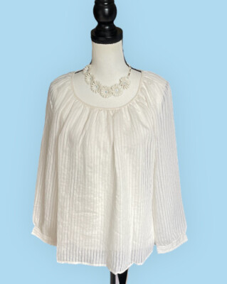 J Crew Womens Tie-Back Peasant Blouse Top Shadow Stripe Ivory Off White M NWT