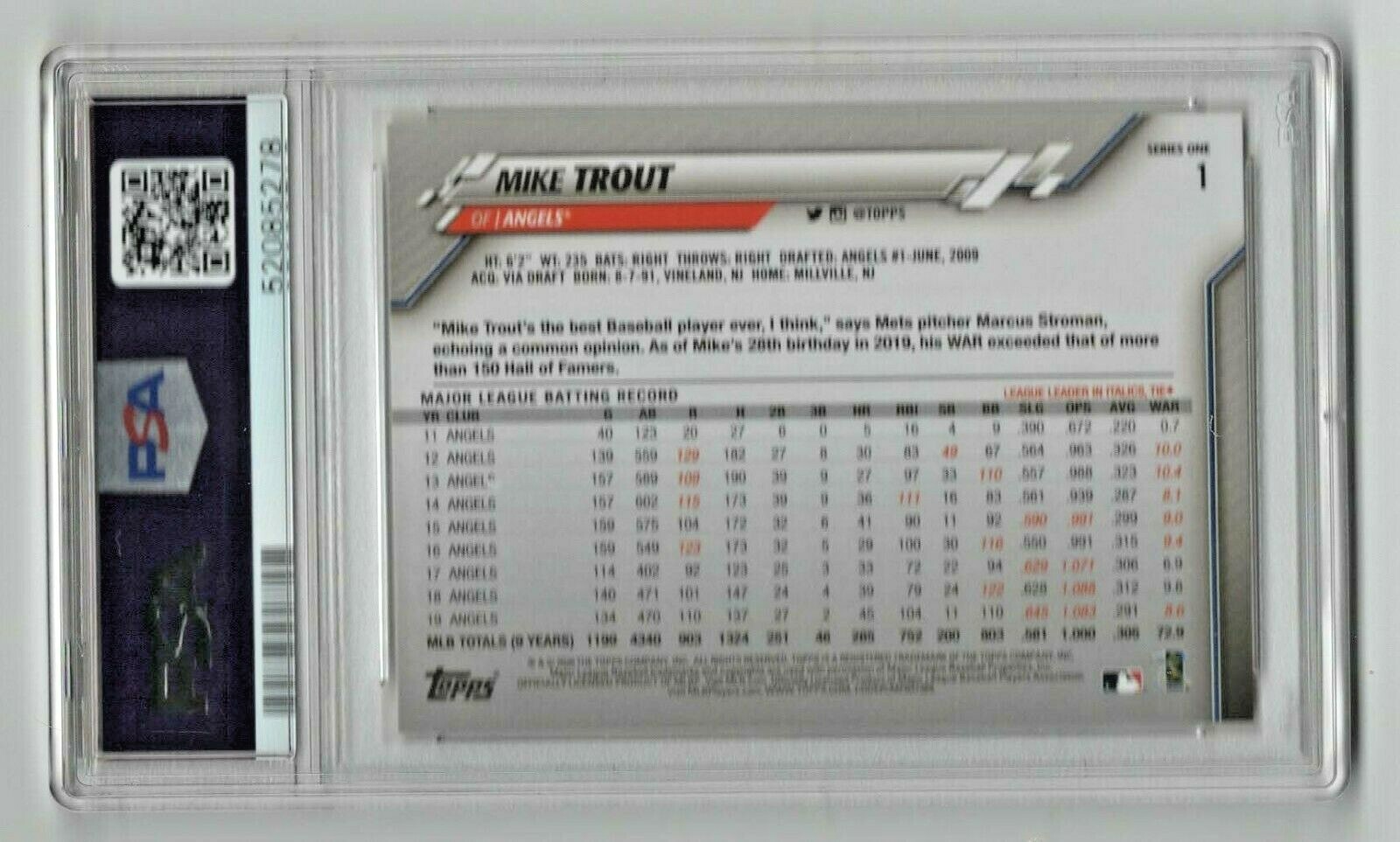 2020 Topps * Mike Trout * #1 * PSA 10 * Gem Mint * Perfect view 2