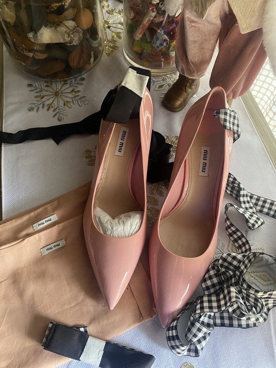 靴 00SS miu miu ribbon heels blackpink MIU MIU Pink Heels Ankle Wrap Ribbon Slide Pumps Size 41 Patent