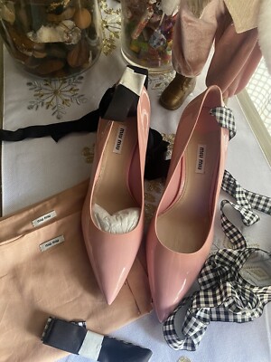 MIU MIU Pink Heels Ankle Wrap Ribbon Slide Pumps Size 41 Patent