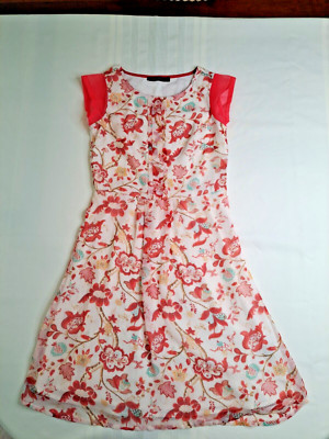 109°F Womens Small Floral Side Zip Dress Pink Off White Green Cap Sheer Sleeves