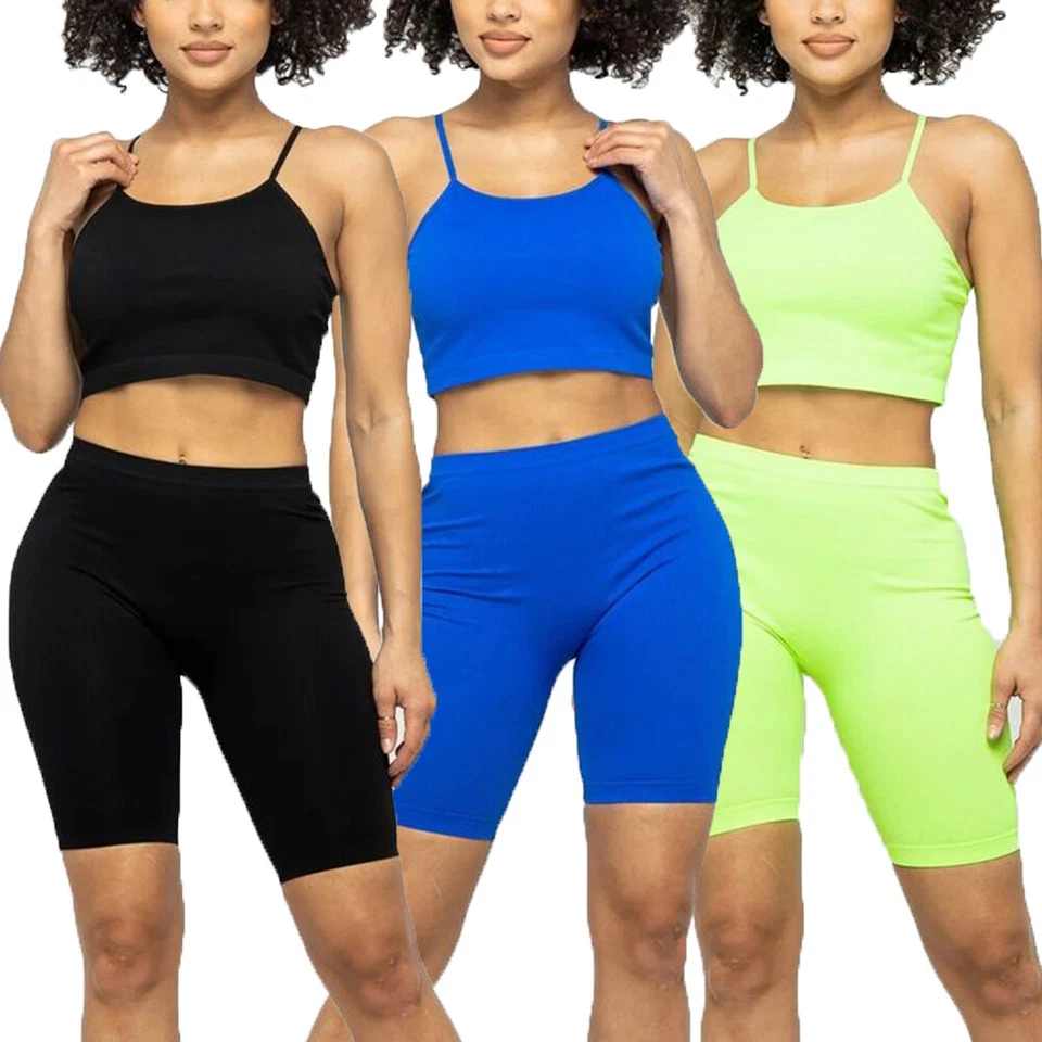 Conjunto de top corto y pantalones cortos de motociclista informales deportivos con correa de espagueti para mujer