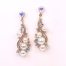 2.63" Long Women White Pearl Wedding Drop Earrings Gold Plated
