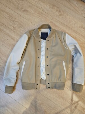BODA SKINS Varsity Ecru White Beige Tan Leather Jacket Size S UK