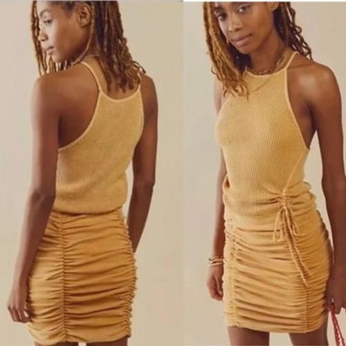 Free People One Gold Gelb Katya Thermo Strick Bodycon Minikleid Gr. XS