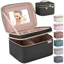 Large Makeup Bag with Mirror Double Layer Travel Make Up Organizer Case, Black