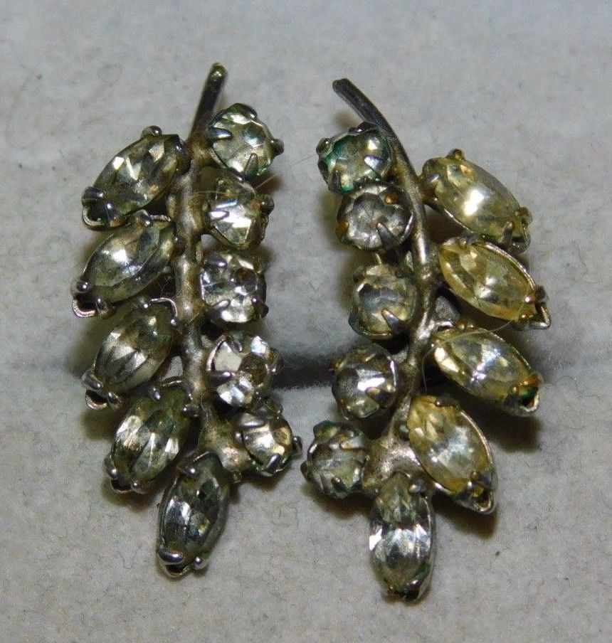 Vintage Dainty White Rhinestone Silver tone Leaf Screw Back