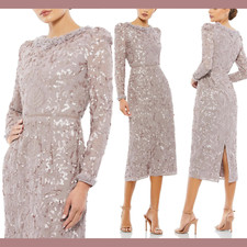 NWT $498 Mac Duggal [ 14 ] Embellished High Neck Puff Sleeve Dress Mauve #G1588