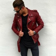 Men Jacket Genuine Lambskin Leather Maroon Slim Fit Biker Motorcycle Jacket New 