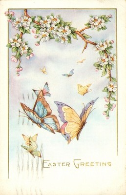Easter Greetings Embossed Postcard Antique 1919 Butterflies Cherry Blossom  N