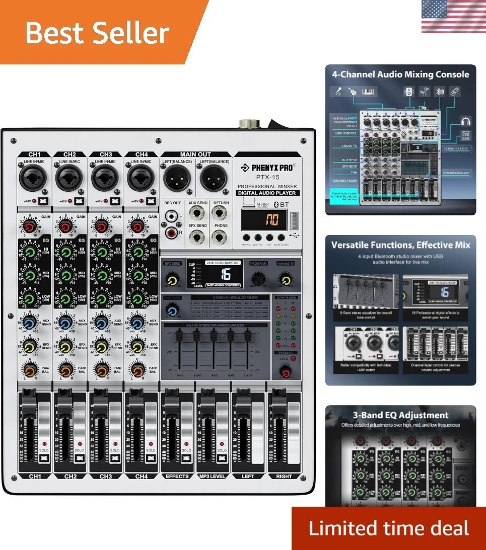 4-Channel Portable Audio Mixer with USB Connection for Music