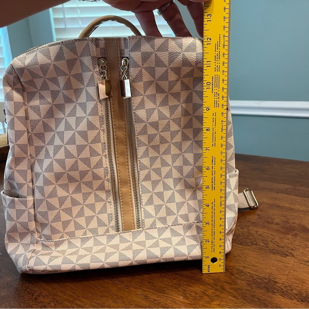 Cream Gray Geometric Patterned Backpack purse - image 5
