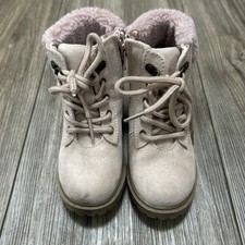 Girls Pink Suede Fur Lined Lace Up Side Zip Ankle Winter Boots Size 9